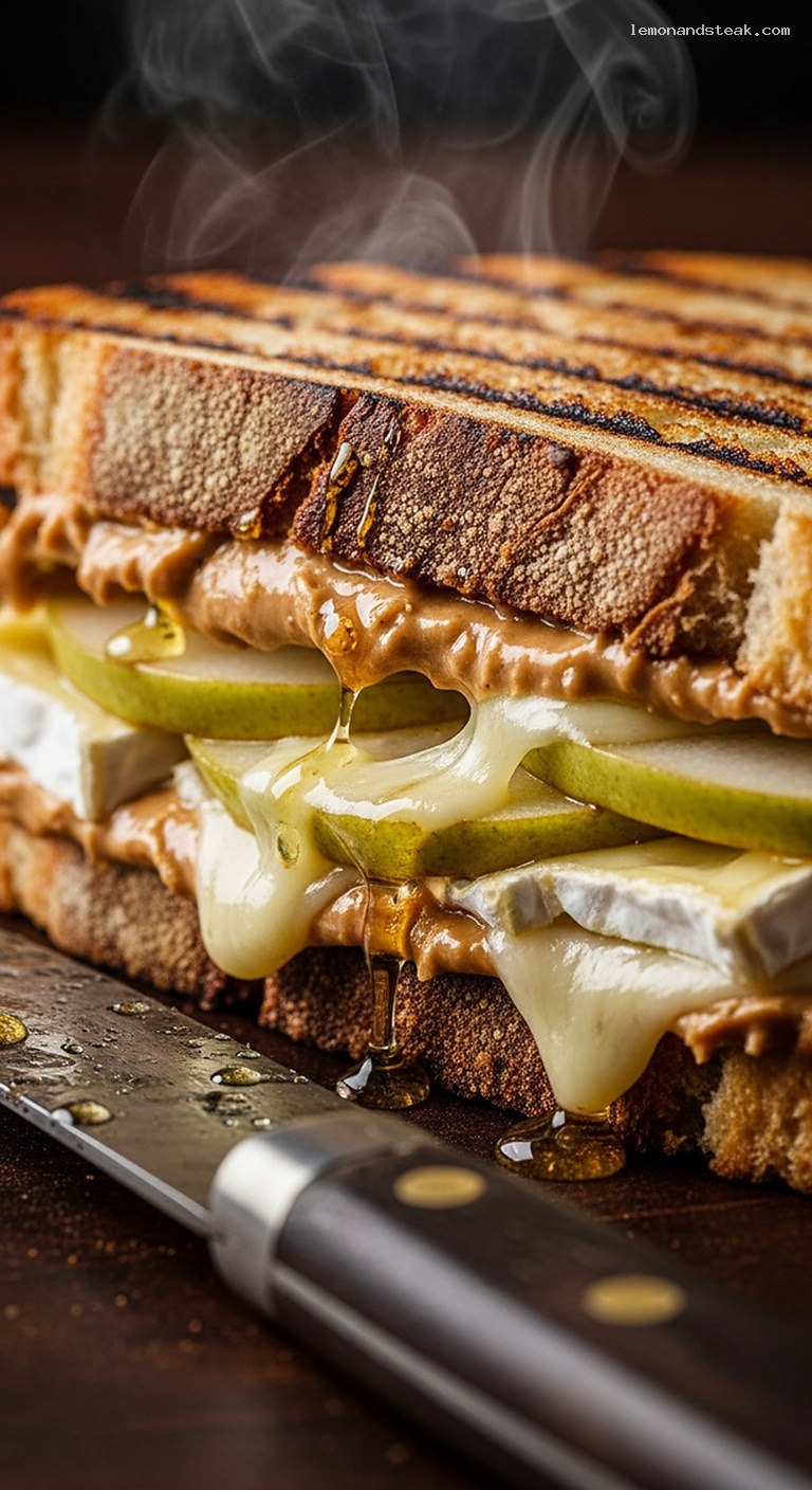 Melty Peanut Butter, Pear, and Brie Panini – Closeup