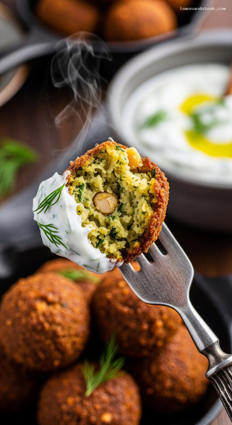 Mini Falafel Bites with Quick Yogurt Dill Dip – Closeup