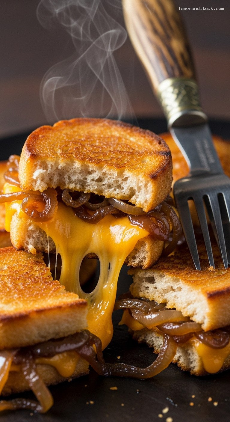 Mini Grilled Cheese Bites with Caramelized Onions – Closeup