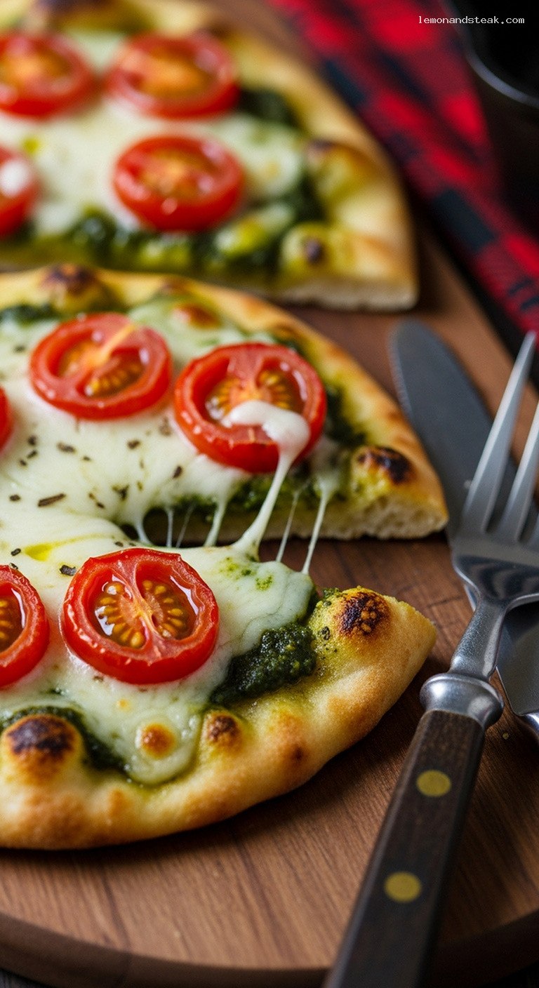 Mini Pesto Naan Pizzas with Mozzarella and Tomatoes – Closeup