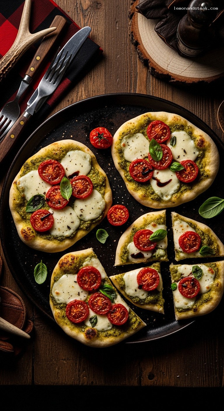 Mini Pesto Naan Pizzas with Mozzarella and Tomatoes
