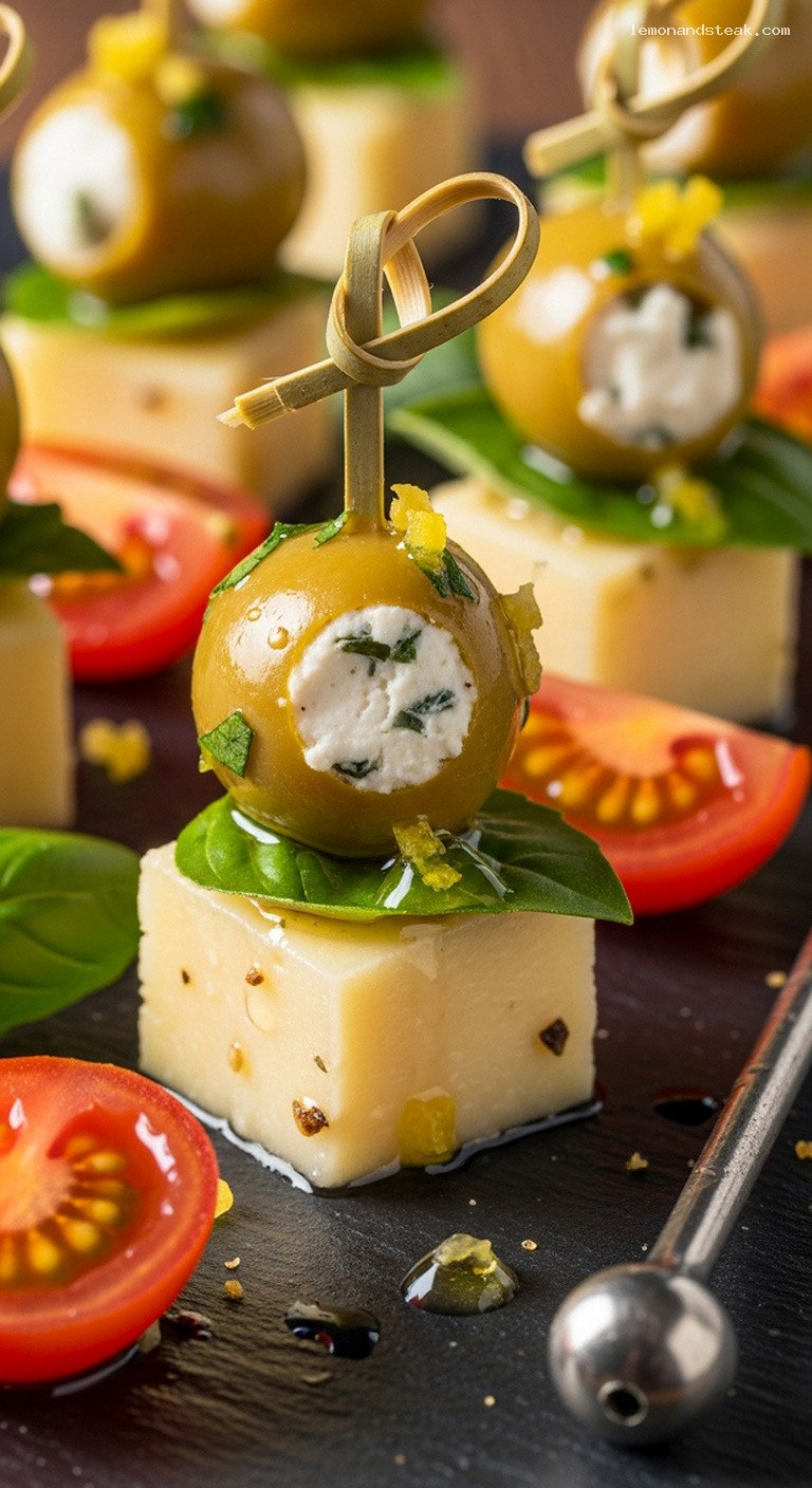 Mini Stuffed Olive and Cheese Party Skewers – Closeup