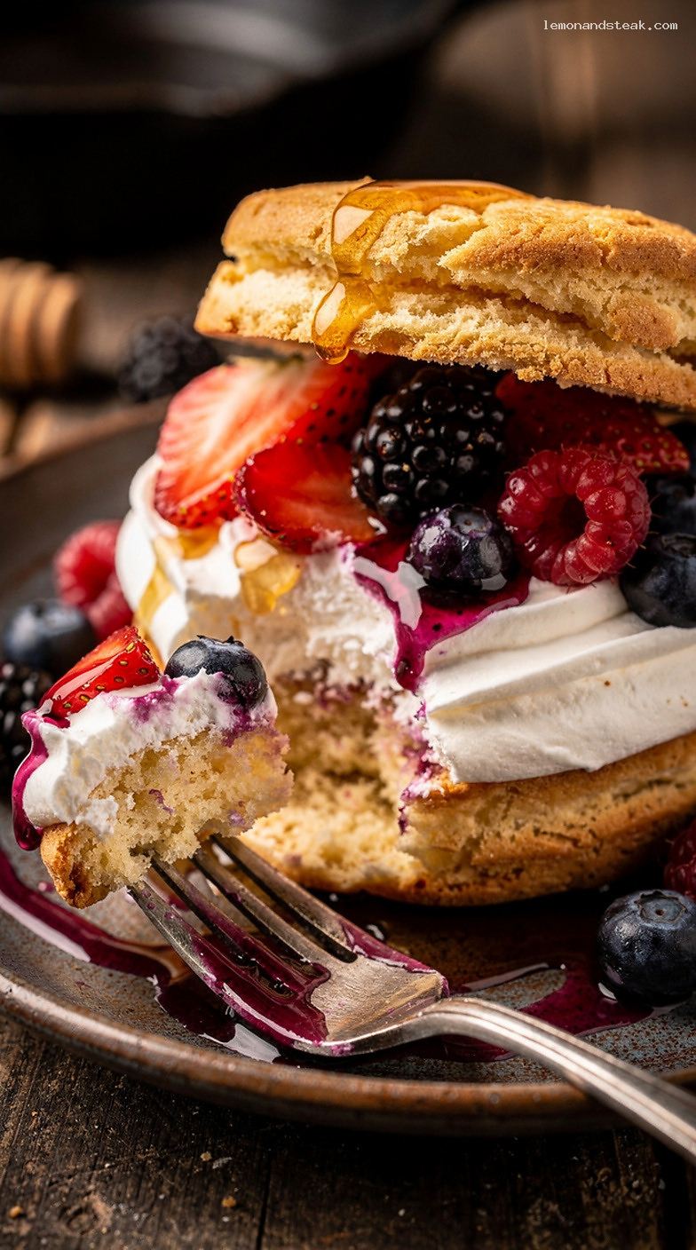 Mixed Berry Honey Shortcake With Tender Biscuits and Whipped Cream – Closeup