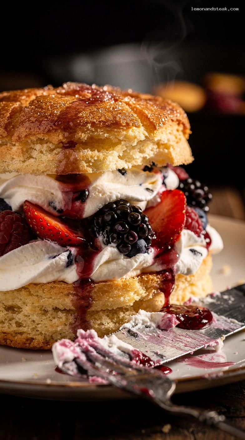 Mixed Berry Shortcake with Toasted Sugar Biscuits – Closeup