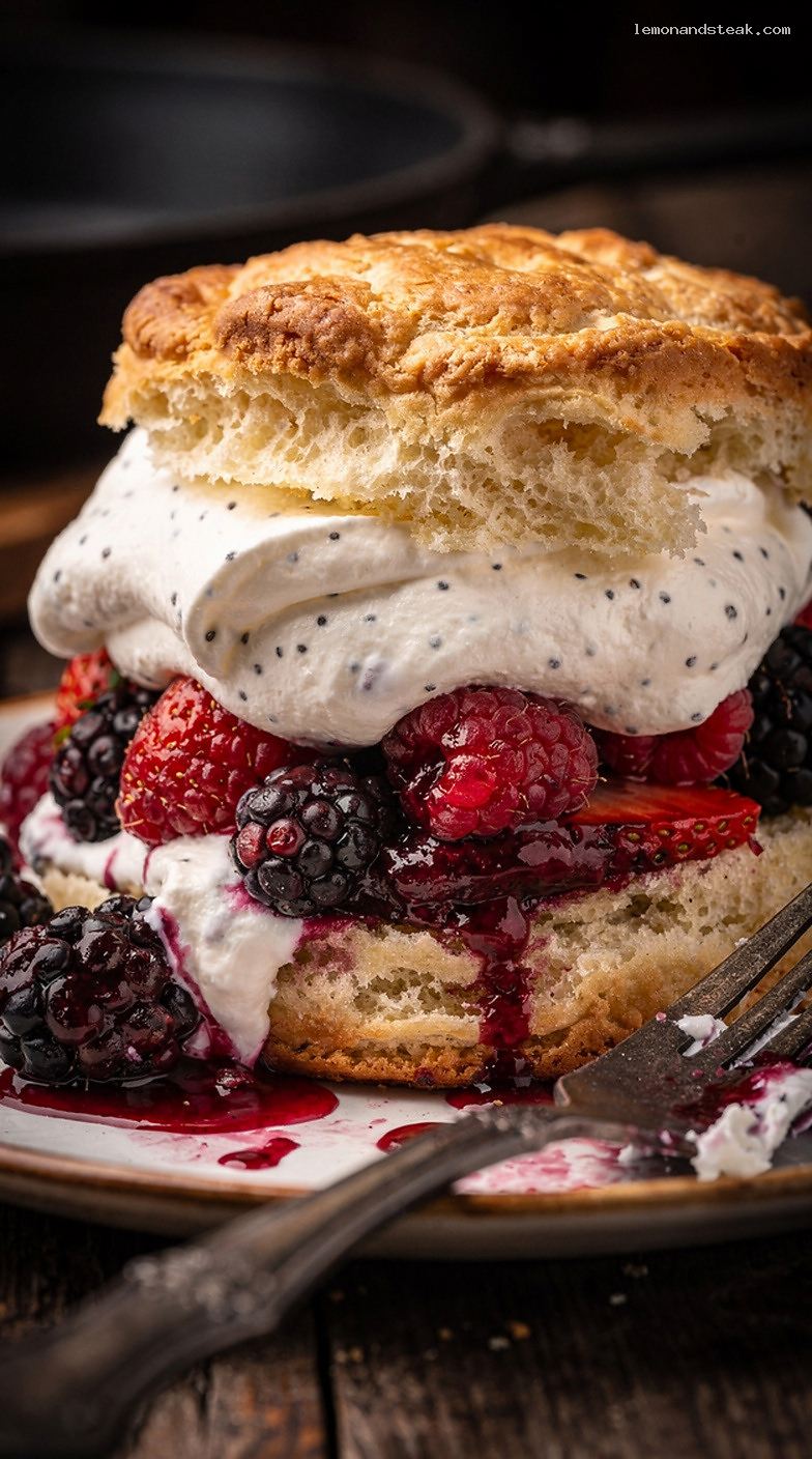 Mixed Berry Shortcake with Vanilla Bean Whipped Cream – Closeup