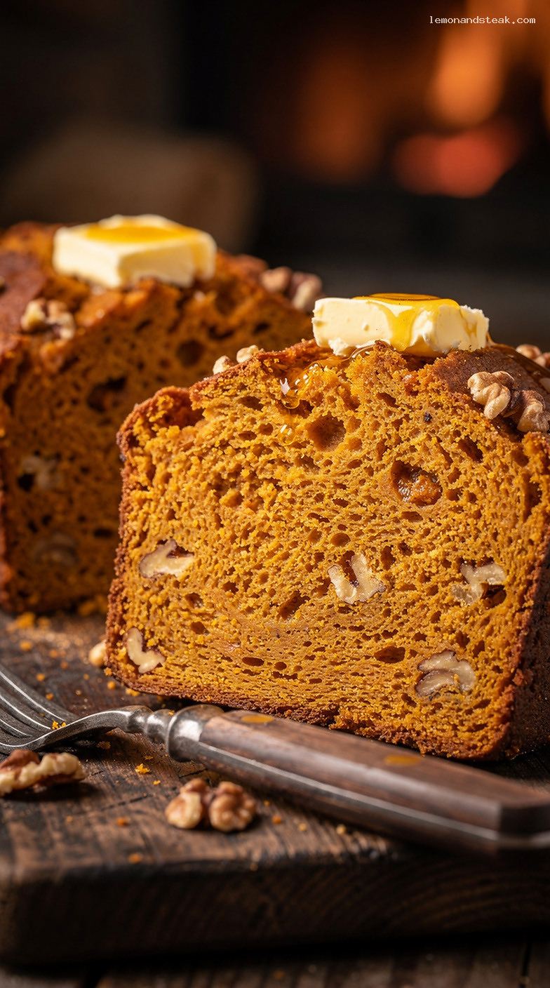 Moist Spiced Pumpkin Bread with Cinnamon and Nutmeg – Closeup