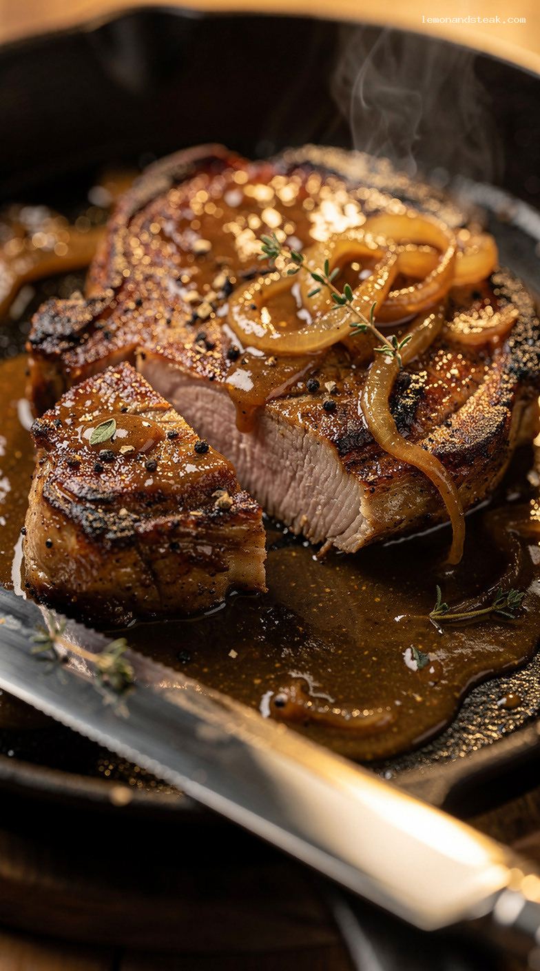 Molasses Onion Smothered Pork Chops with Sweet Gravy – Closeup