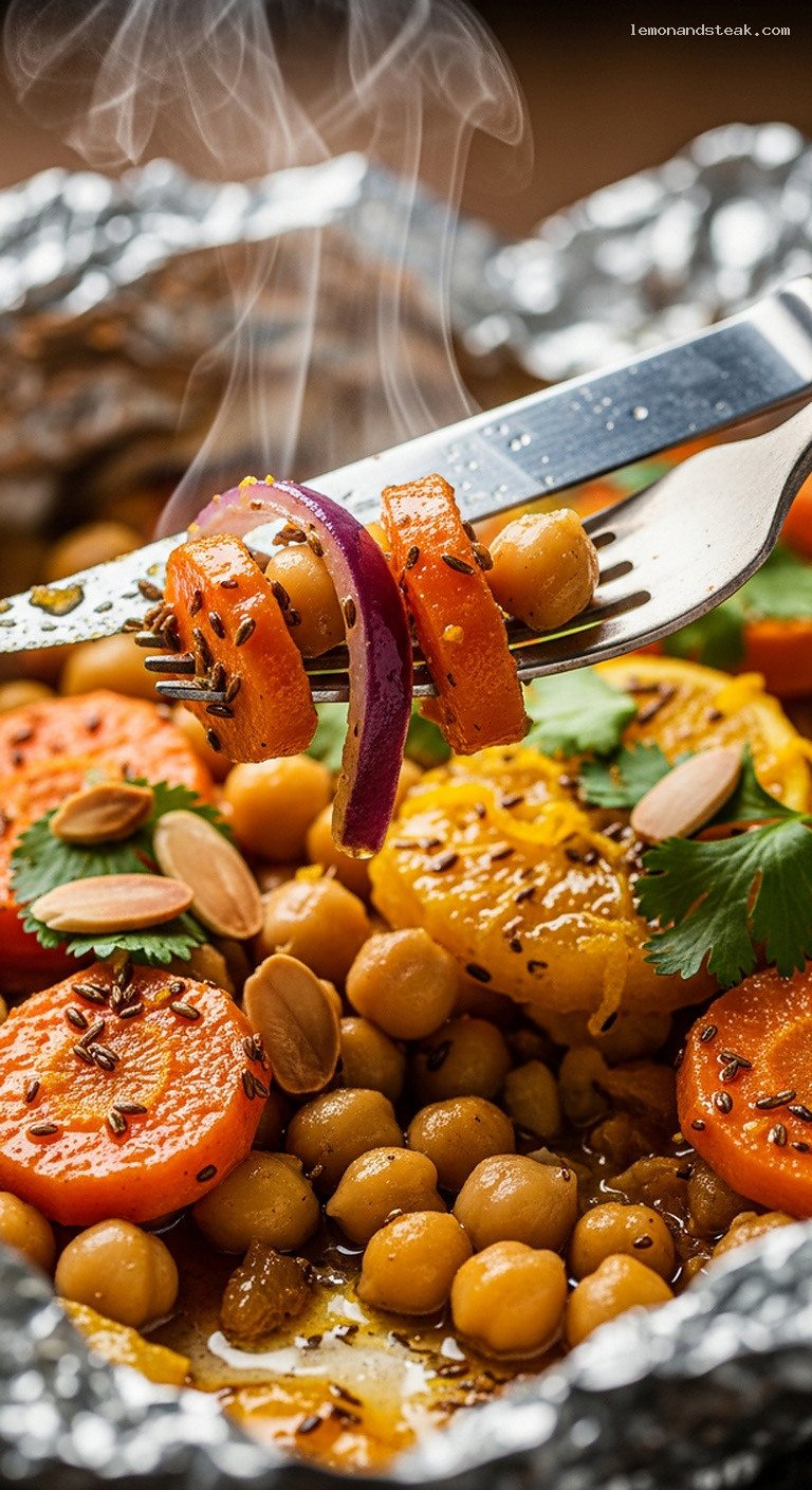 Moroccan-Spiced Chickpea and Carrot Foil Packets with Citrus – Closeup