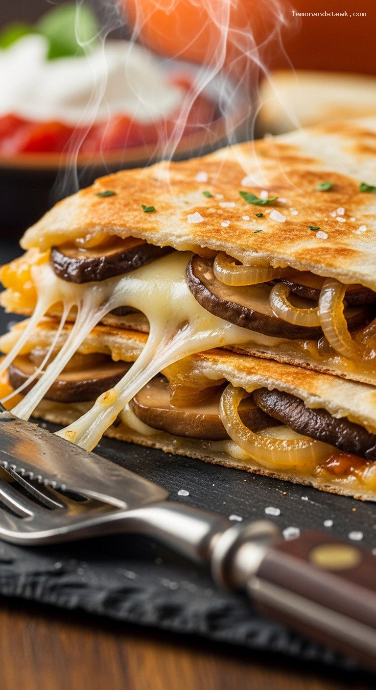 Mushroom and Onion Quesadillas with Melted Cheese – Closeup