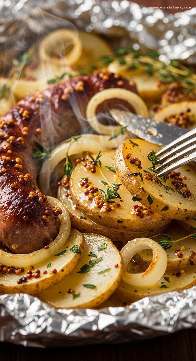 Mustard Herb Foil Packet Brats with Potatoes and Onions – Closeup