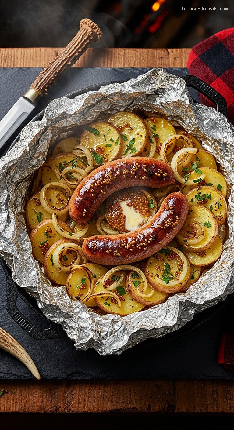 Mustard Herb Foil Packet Brats with Potatoes and Onions