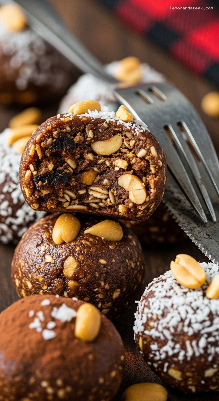 No-Bake Peanut Butter Cocoa Oat Energy Bites – Closeup