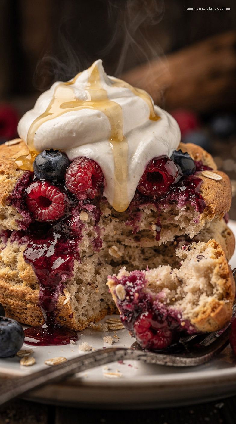 Oatmeal Shortcake with Warm Berries and Honey Whipped Cream – Closeup