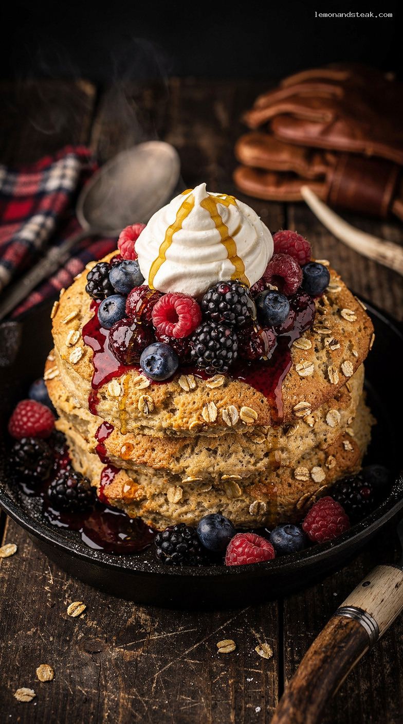 Oatmeal Shortcake with Warm Berries and Honey Whipped Cream