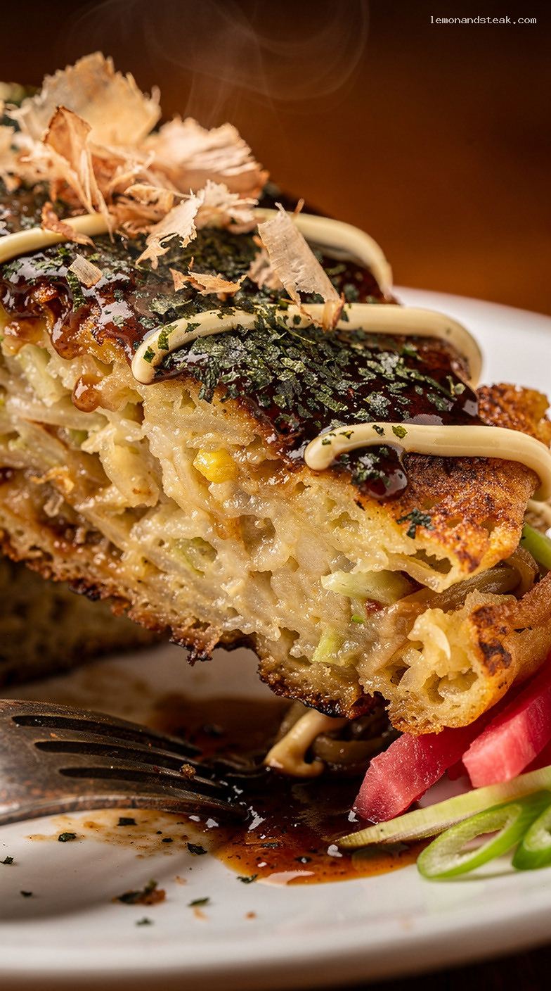 Okonomiyaki: Savory Japanese Cabbage Pancakes with Egg and Sauce – Closeup