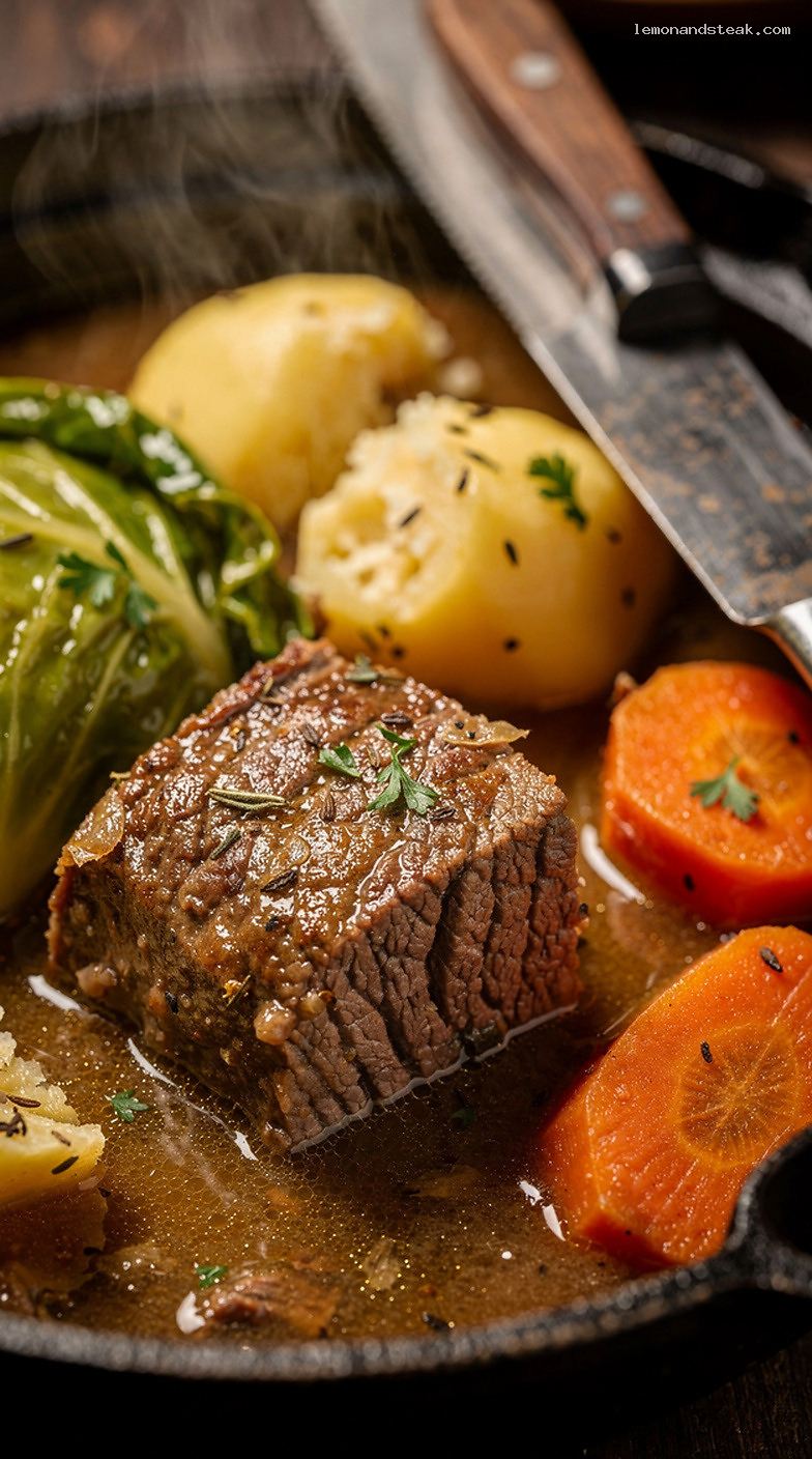 Old-Fashioned Beef and Cabbage Stew with Potatoes and Carrots – Closeup