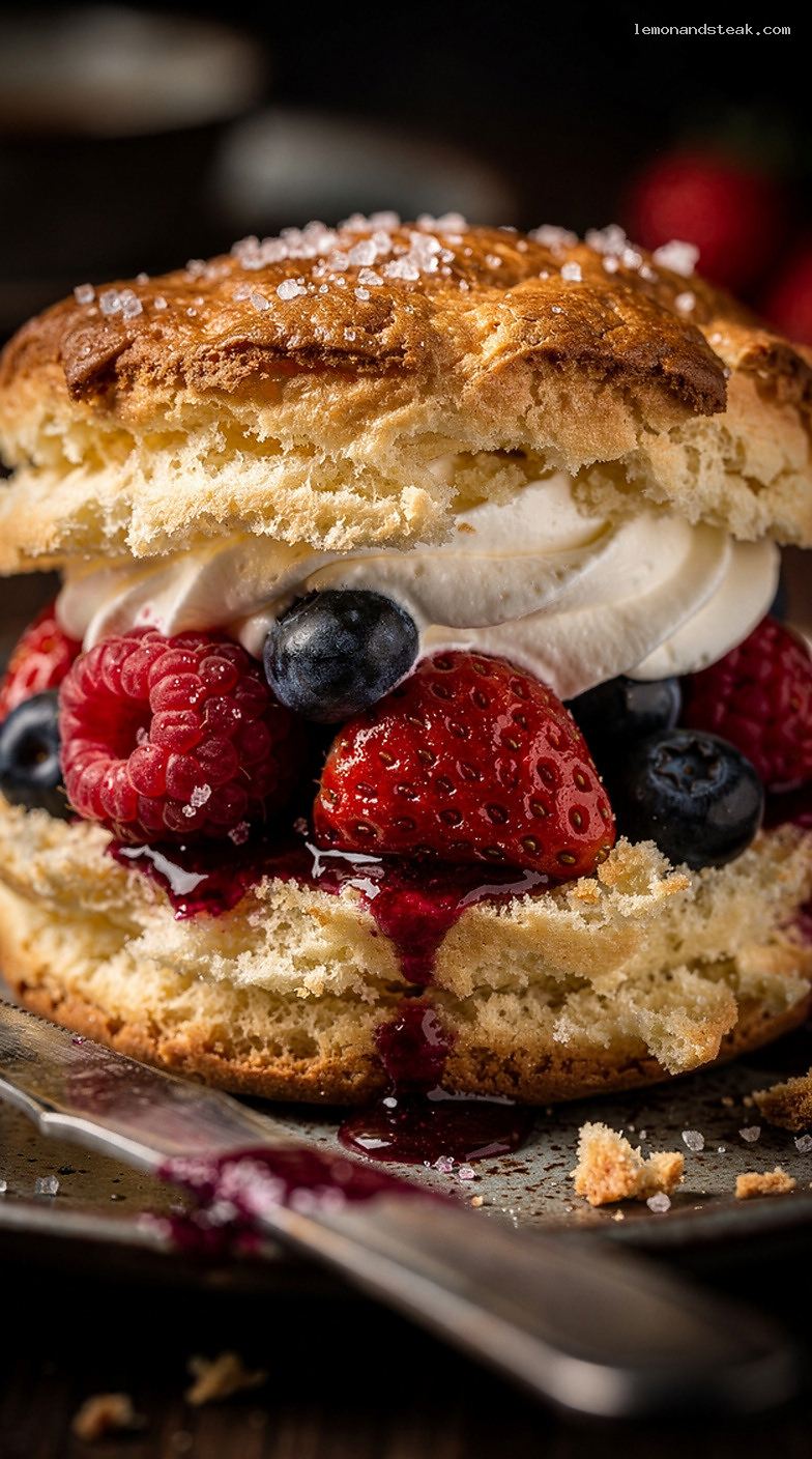 Old-Fashioned Cream Shortcake With Sugared Berries and Whipped Cream – Closeup