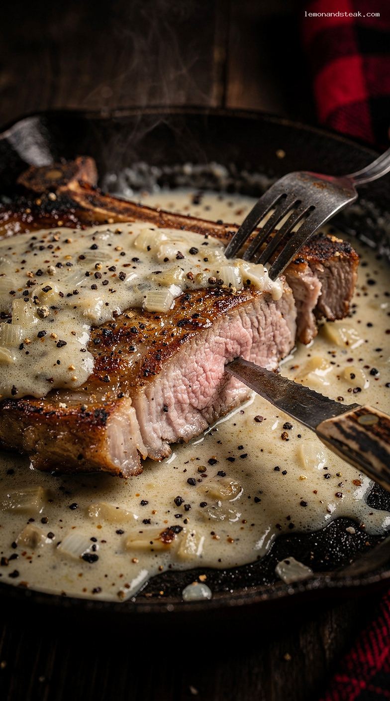 Old-Fashioned Milk-Gravy Pork Chops With Cracked Pepper – Closeup