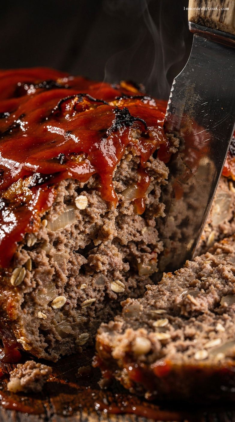 Old-Fashioned Oat Meatloaf With Ketchup Tomato Glaze – Closeup