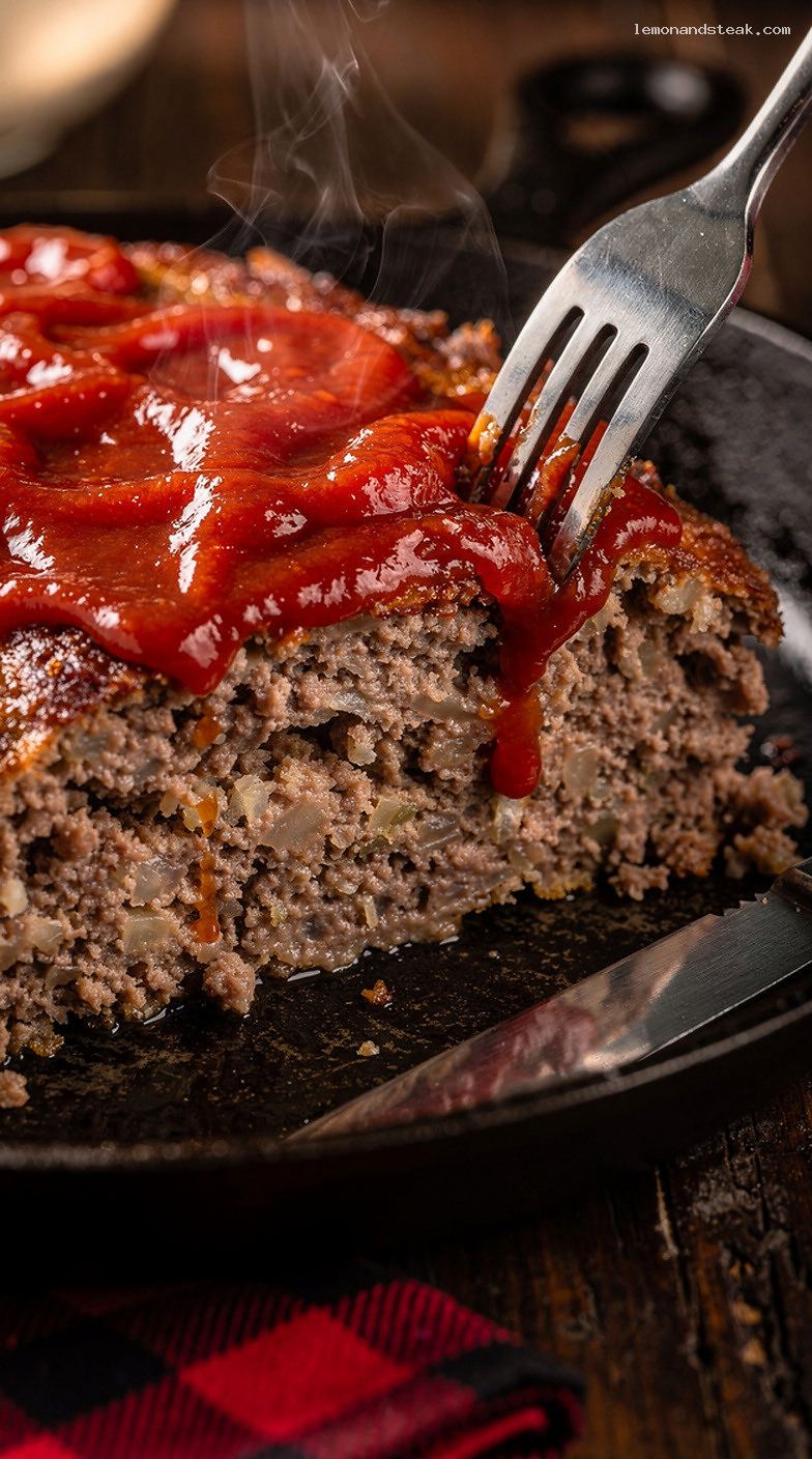 Old-School Cafeteria Meatloaf With Thick Tomato Sauce Topping – Closeup