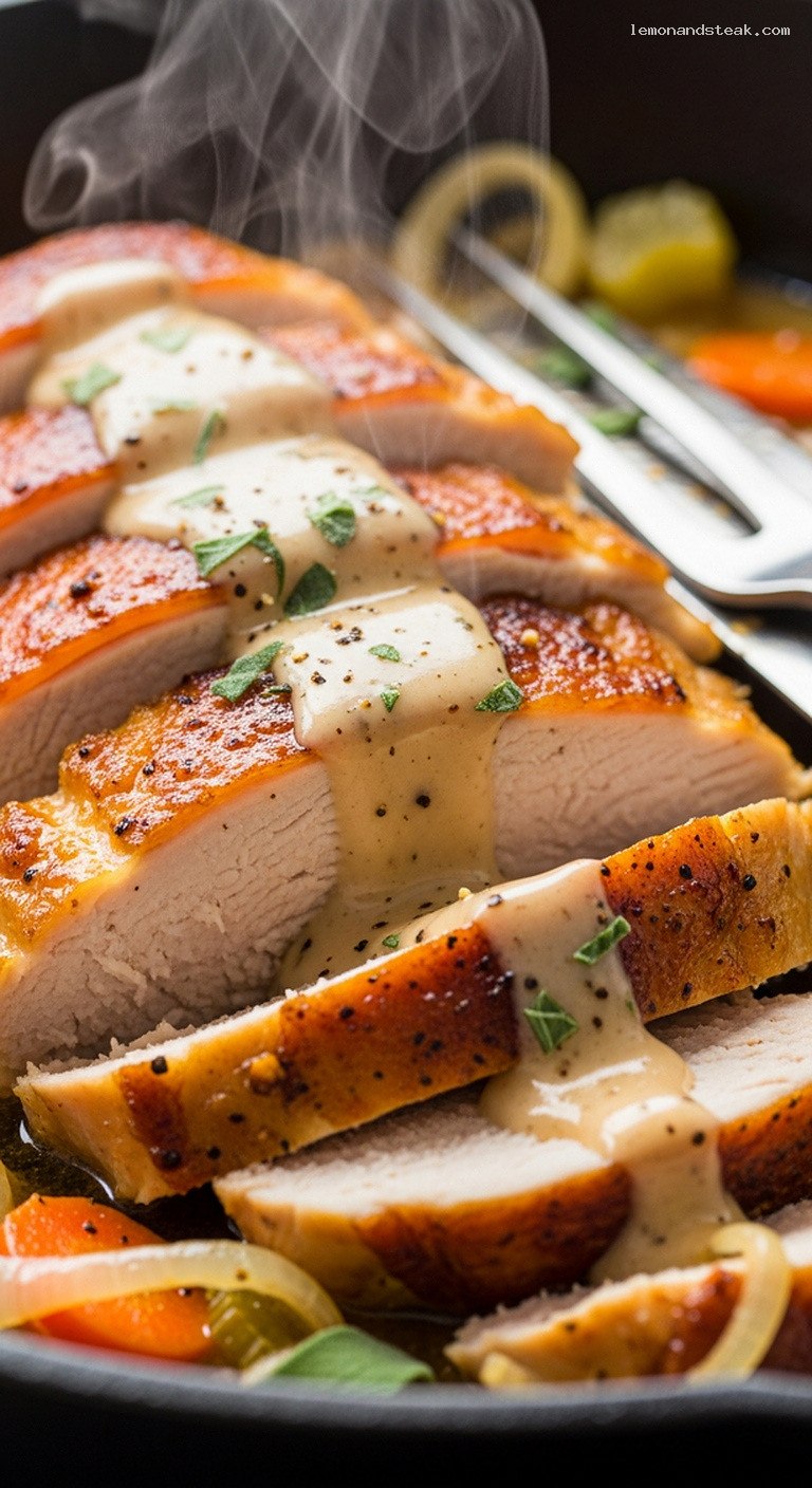 Old-School Garlic Sage Pan-Roasted Turkey With Creamy Gravy – Closeup