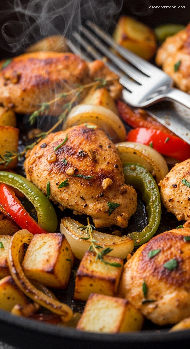 One-Pan Chicken and Potatoes with Peppers and Onions – Closeup