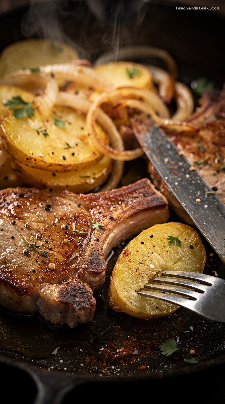 One-Pan Skillet Pork Chops with Potatoes and Onions – Closeup