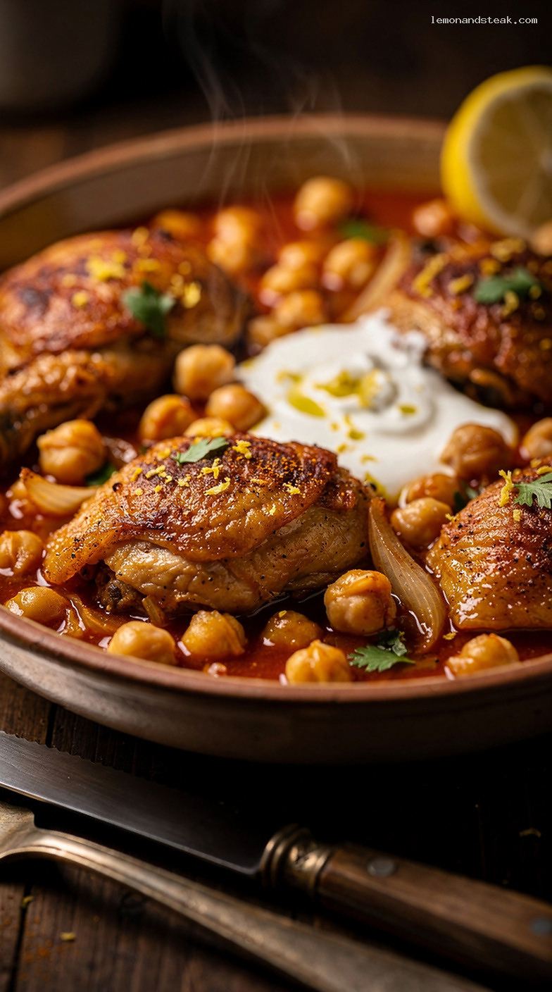 One-Pot Chicken and Chickpea Stew with Tomatoes and Garlic – Closeup