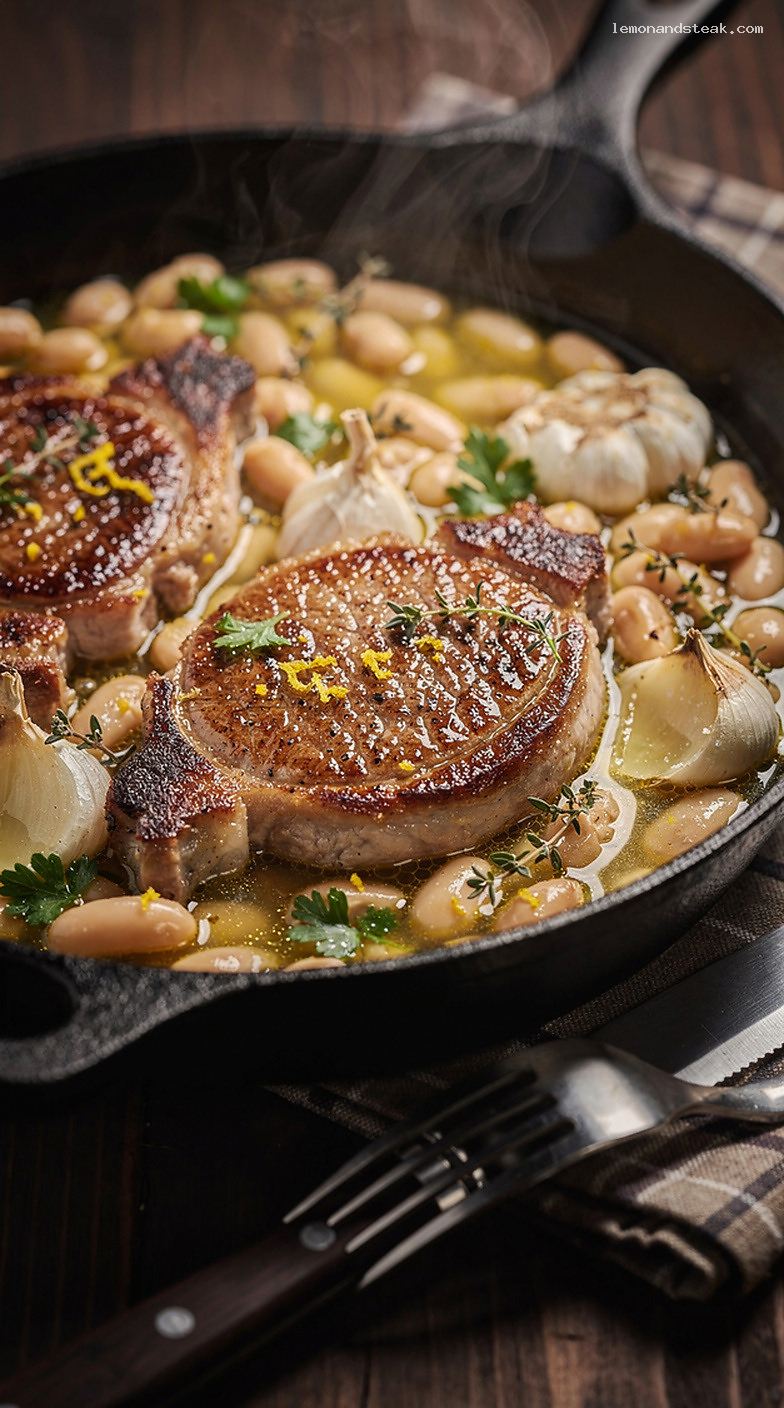 One-Pot Pork Chops with White Beans, Garlic, and Herbs – Closeup