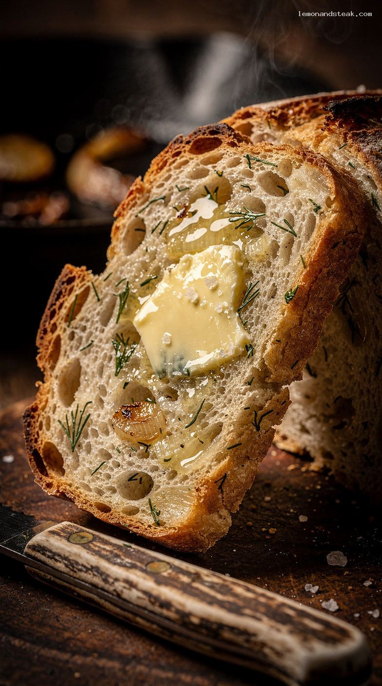 Onion Dill Bread With Sautéed Onions and Fresh Dill – Closeup