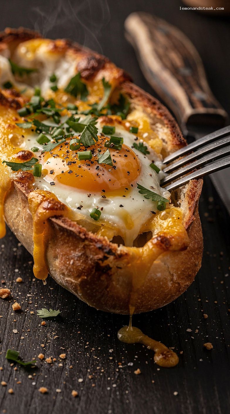 Oven-Baked Egg and Cheese Bread Boats – Closeup