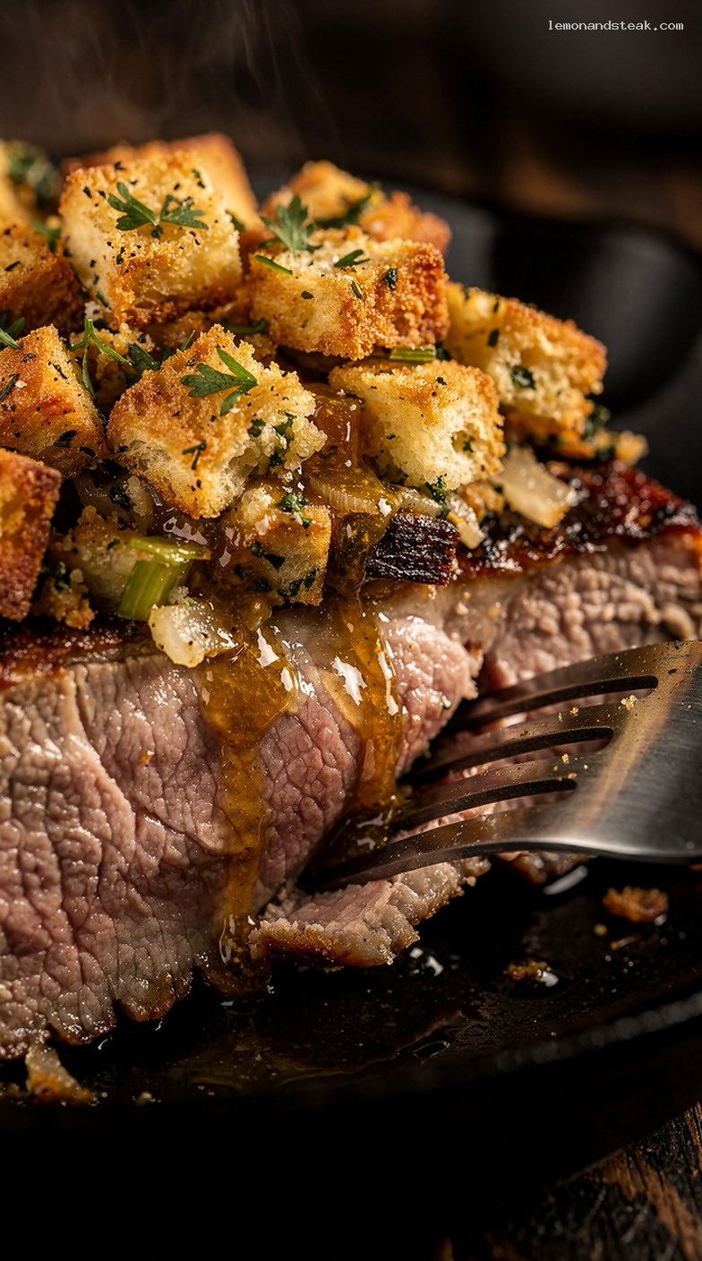 Oven-Baked Pork Chops with Buttery Herb Stuffing – Closeup