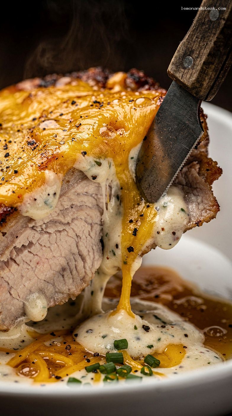 Oven-Baked Pork Chops with Creamy Ranch Cheddar Sauce – Closeup
