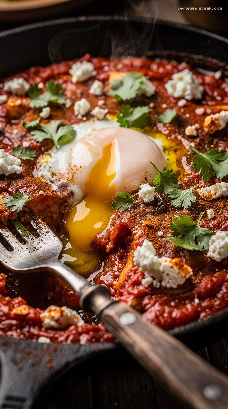 Oven-Baked Shakshuka with Eggs in Spiced Tomato Sauce – Closeup