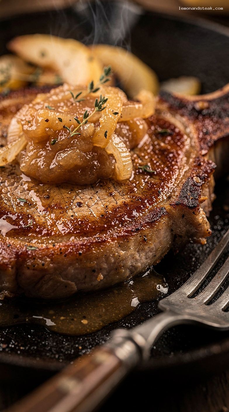 Pan-Fried Pork Chops With Apple Butter Onion Topping – Closeup