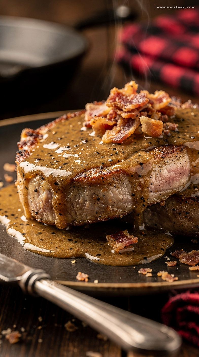 Pan-Fried Pork Chops With Bacon Drippings Gravy – Closeup