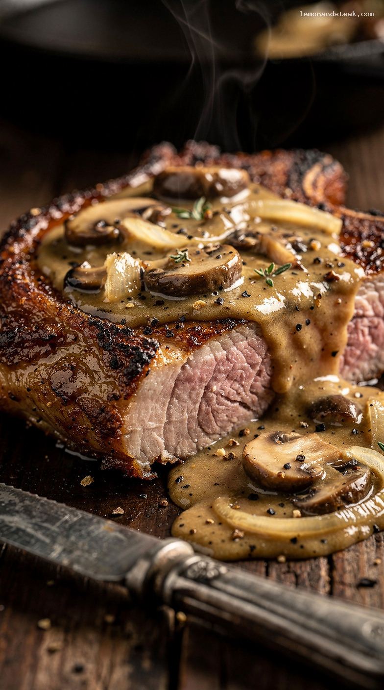 Pan-Fried Pork Chops With Creamy Mushroom Onion Gravy – Closeup