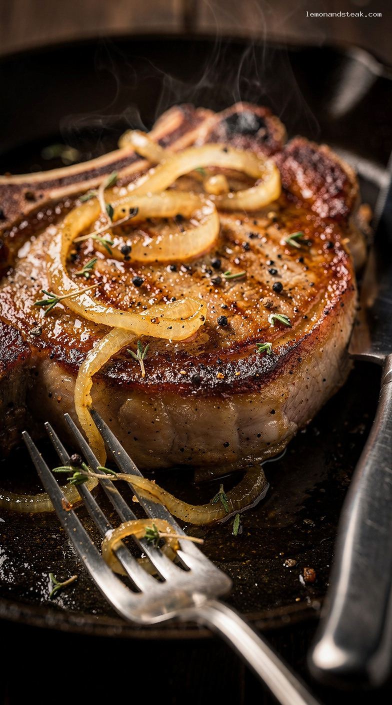 Pan-Fried Pork Chops With Sweet Onion Cider Vinegar Sauce – Closeup