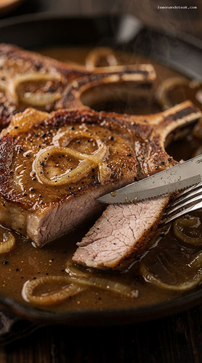 Pan-Seared Bone-In Pork Chops With Brown Onion Gravy – Closeup