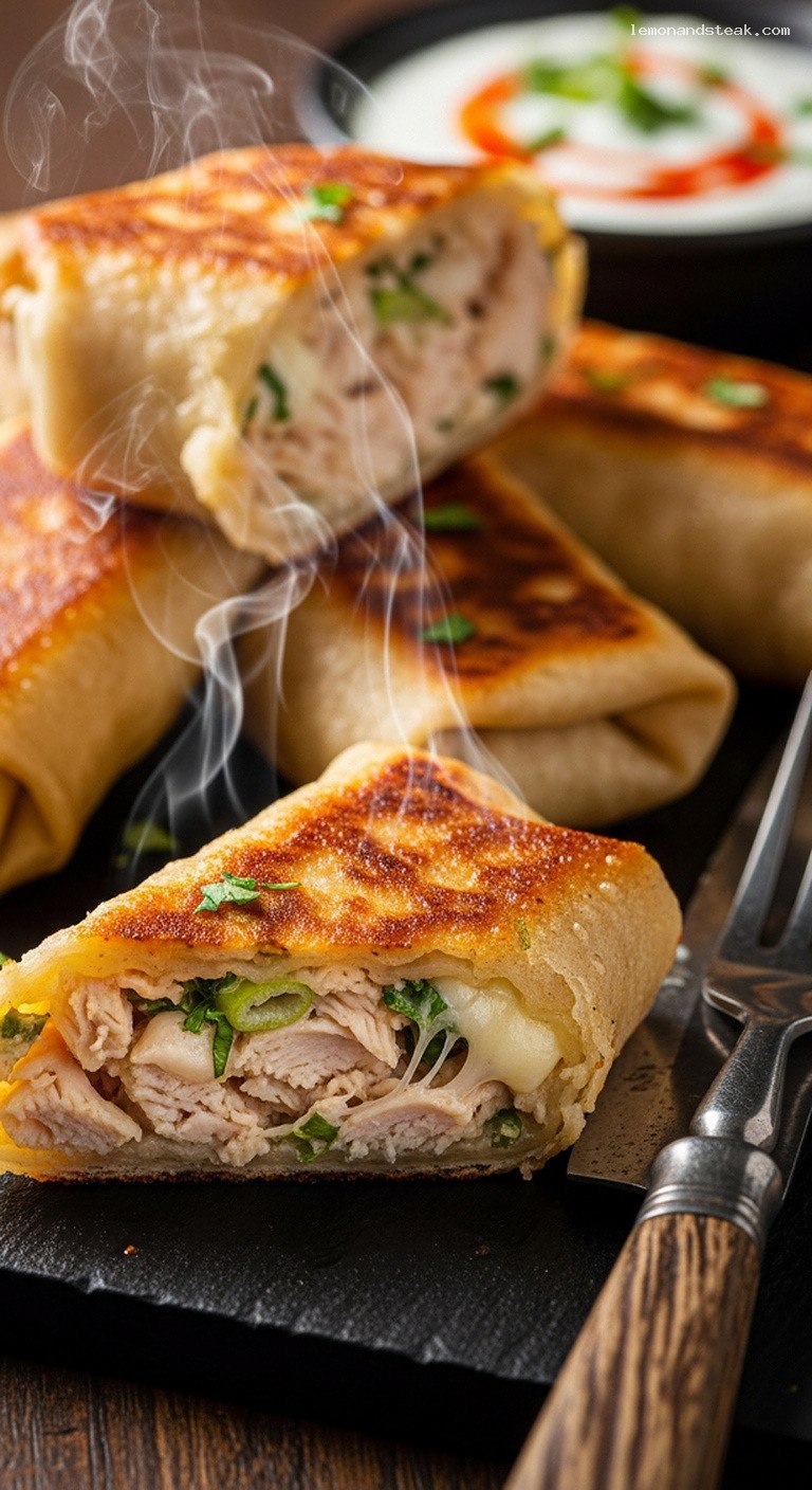 Pan-Seared Crispy Chicken Egg Rolls with Creamy Herb Filling – Closeup