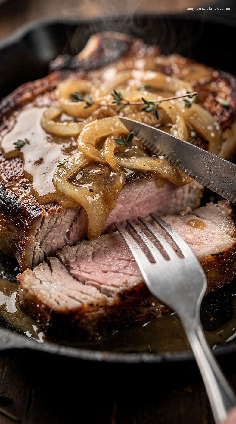 Pan-Seared Pork Chops in Apple Cider Onion Gravy – Closeup
