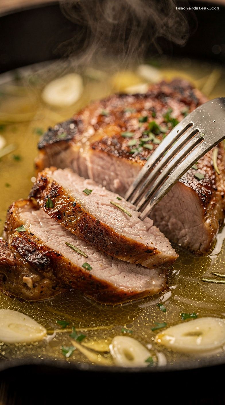 Pan-Seared Pork Chops in Rosemary Garlic Broth – Closeup
