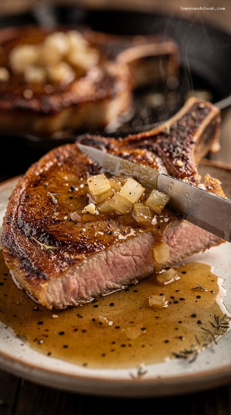 Pan-Seared Pork Chops with Garlic Onion Pan Gravy – Closeup