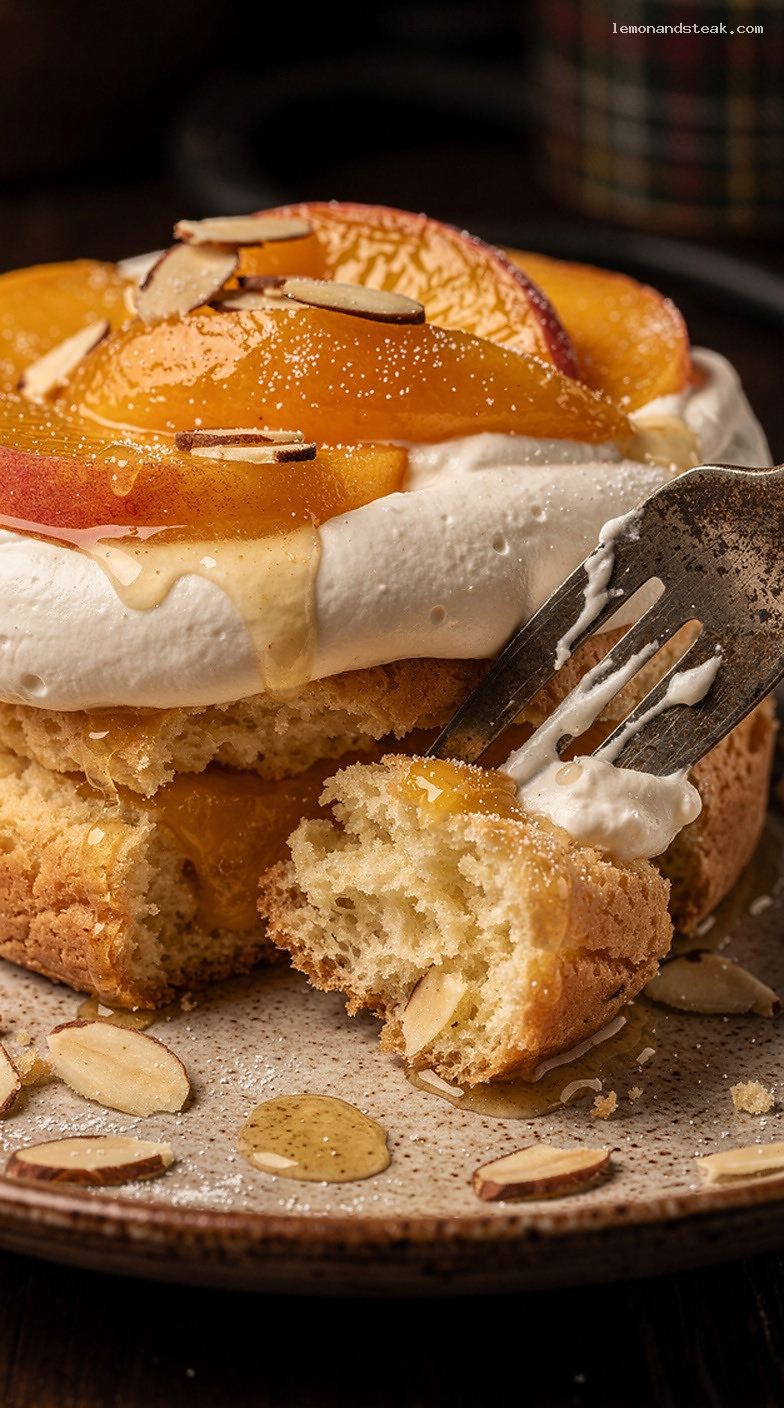Peach Almond Shortcake With Tender Biscuits and Whipped Cream – Closeup