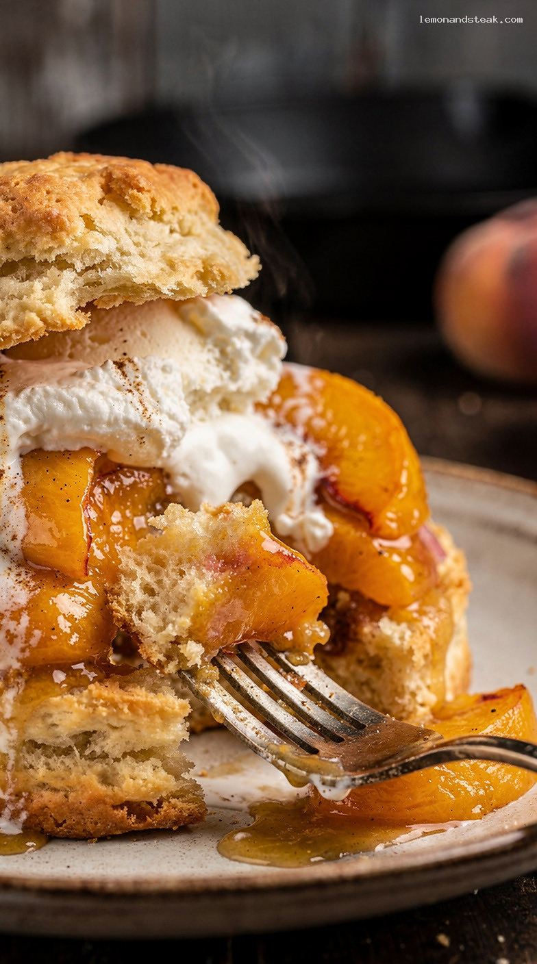 Peach Cobbler Shortcakes with Spiced Peaches and Whipped Cream – Closeup