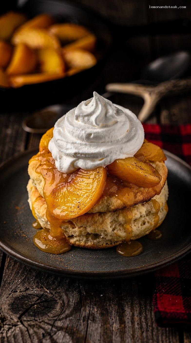 Peach Cobbler Shortcakes with Spiced Peaches and Whipped Cream