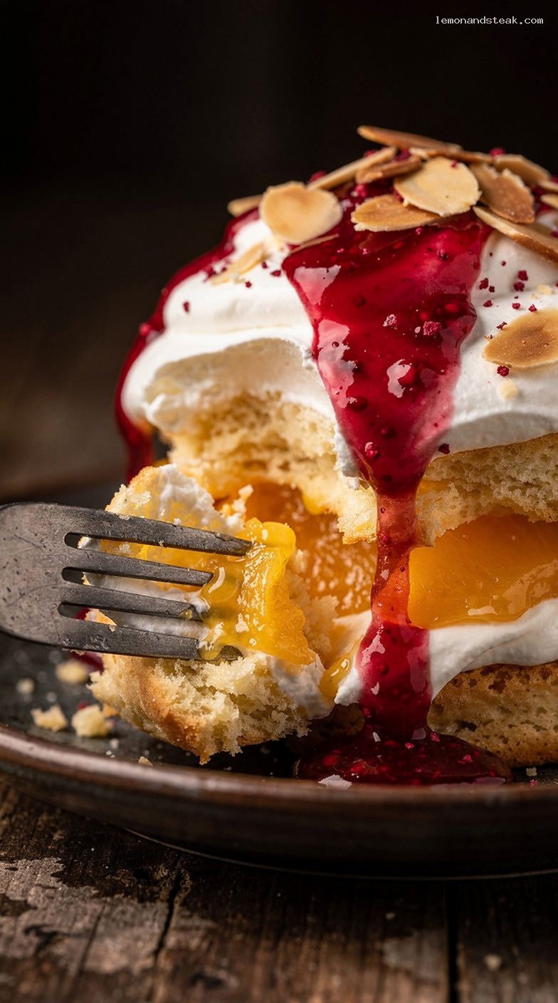 Peach Melba Shortcake with Biscuits, Raspberries, and Whipped Cream – Closeup