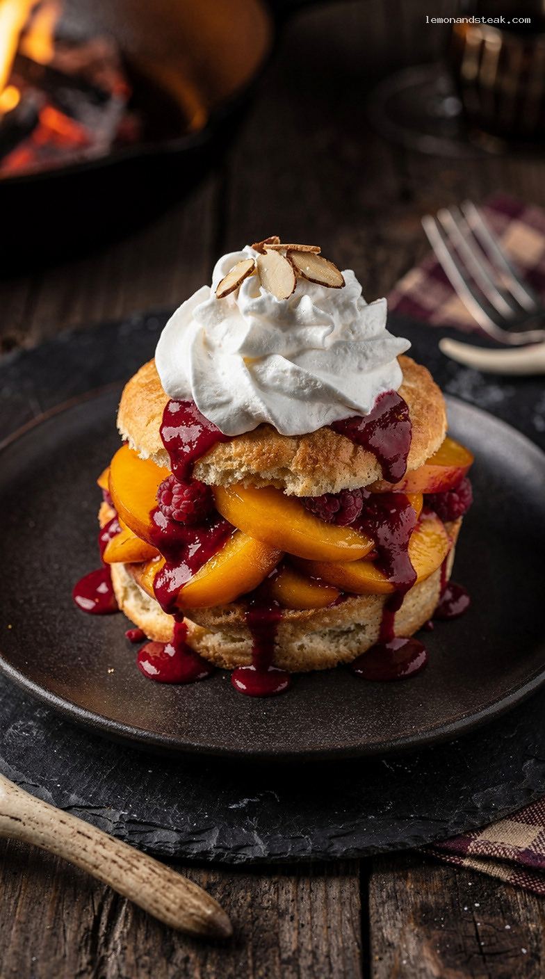 Peach Melba Shortcake with Biscuits, Raspberries, and Whipped Cream