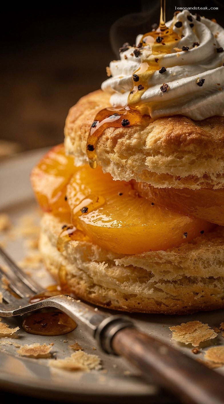 Peach Shortcake Biscuits With Warm Vanilla Bean Syrup – Closeup