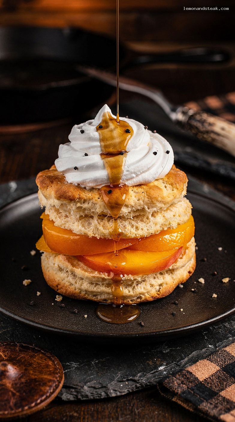 Peach Shortcake Biscuits With Warm Vanilla Bean Syrup
